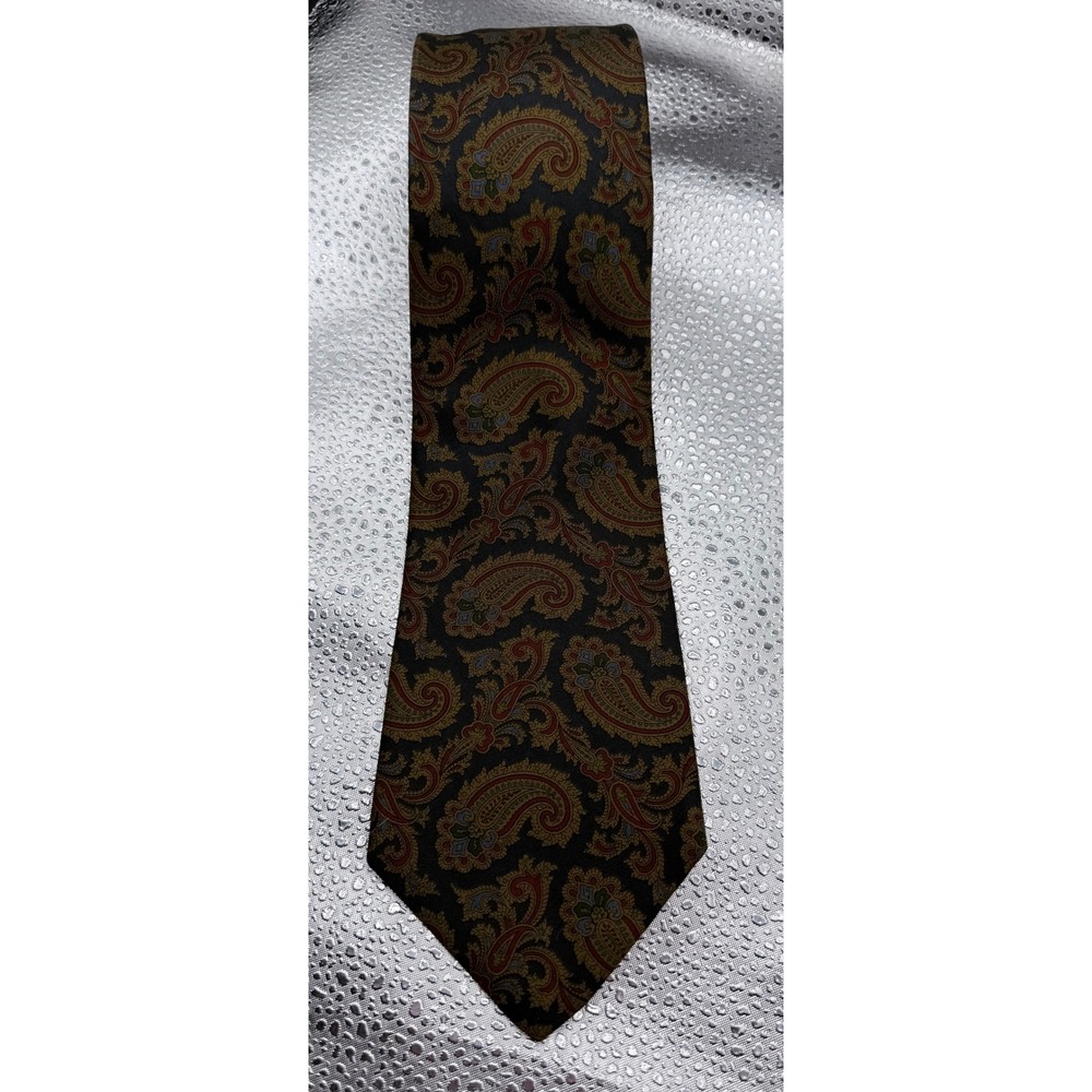 Aquascutum London Mens Vintage Silk Tie Navy Blue Gold Red Paisley Hand Finished